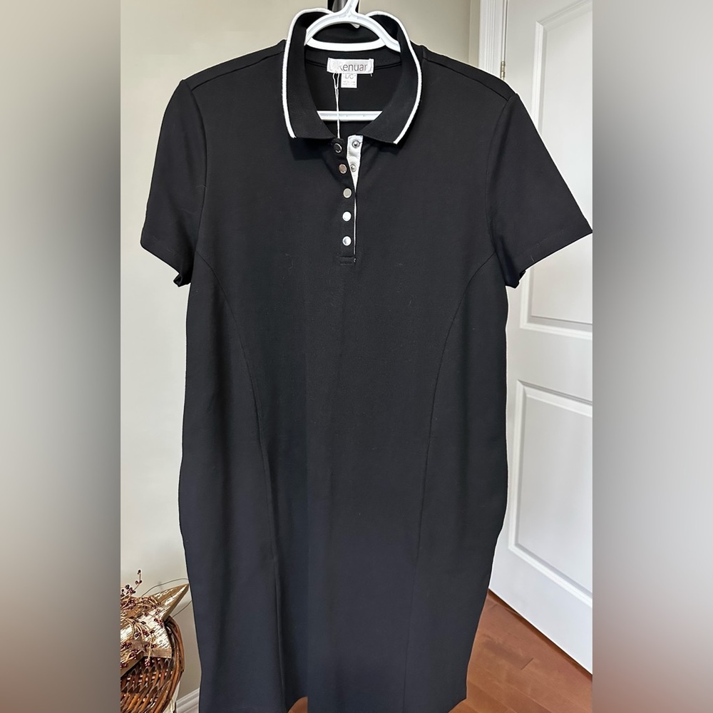 Sz L🇨🇦⭐️NWT Renuar Black White Trimmed Collar Stretch Polo Dress. PTP 20” 30” L